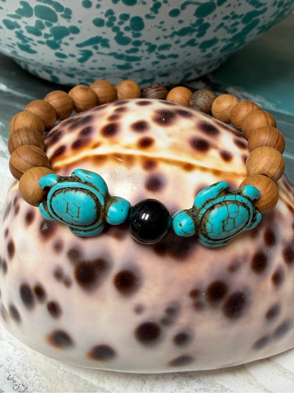 Grounding Sea Turtle Bracelet | Black Tourmaline & Wooden Beads